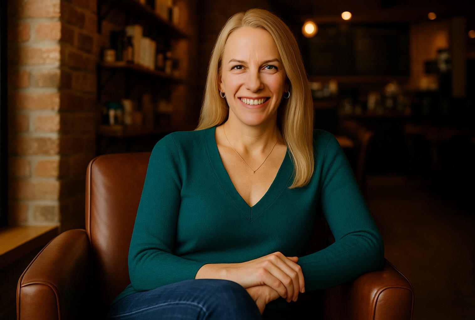 blond woman smiling with arms crossed